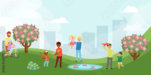 Fototapeta Naklejka Na Ścianę i Meble -  Father s day spent in city park, bright banner, happy child playing baseball with his dad, cartoon style vector illustration. People outdoors, healthy vacation parents play with children, green grass