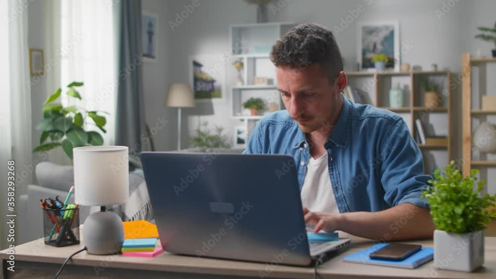 Young handsome man working on laptop at home in the living room Young handsome man working on laptop at home in the living room