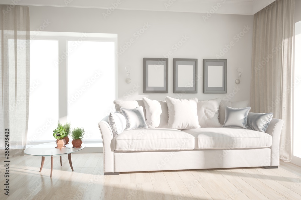 modern room with sofa,pillows,table,frames,lamps,curtains interior design. 3D illustration modern room with sofa,pillows,table,frames,lamps,curtains interior design. 3D illustration