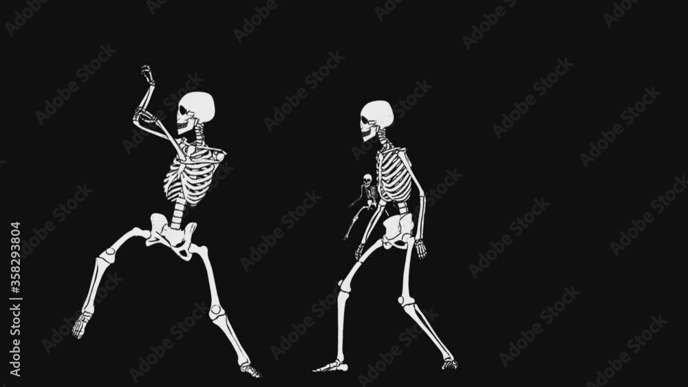 Seamless animation of a dancing skeleton printed drawn style cartoon. Funny halloween background with marker stroke effect in black and white.