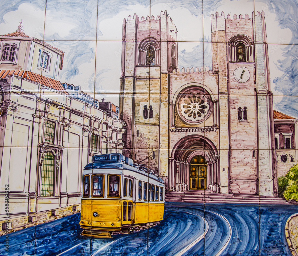 Fototapeta premium image on the house tile. large cathedral and tram