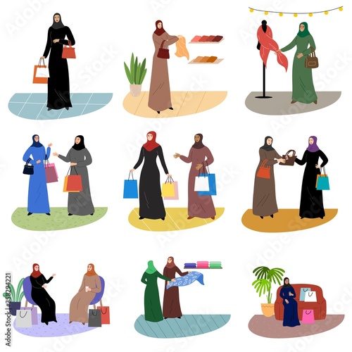 Set of Muslim Arab women wearing traditional ethnic clothing hijab holding shopping bags. Vector illustration in the flat cartoon style.