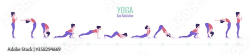 Set of yoga poses. Woman doing exercises of Sun Salutation.