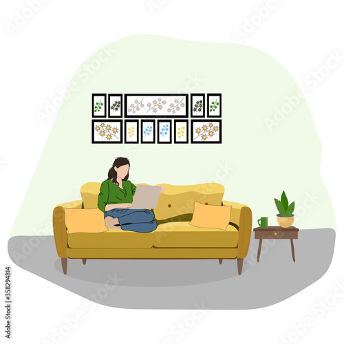 Distance learning online education and work. Working at home, coworking space, concept illustration. Young womаn freelancer working on laptop at home. Vector flat style illustration 
