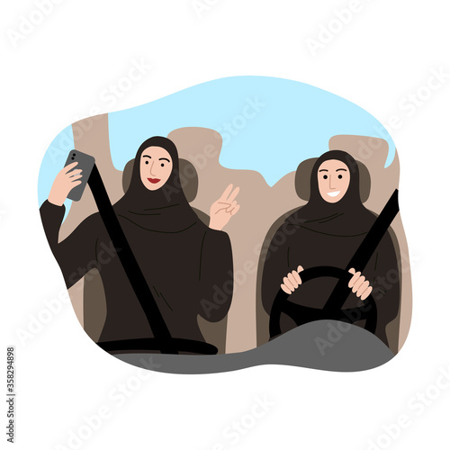 Couple Muslim Arab woman in traditional hijab with a safety belt driving a car and taking a selfie. Vector illustration in flat cartoon style.