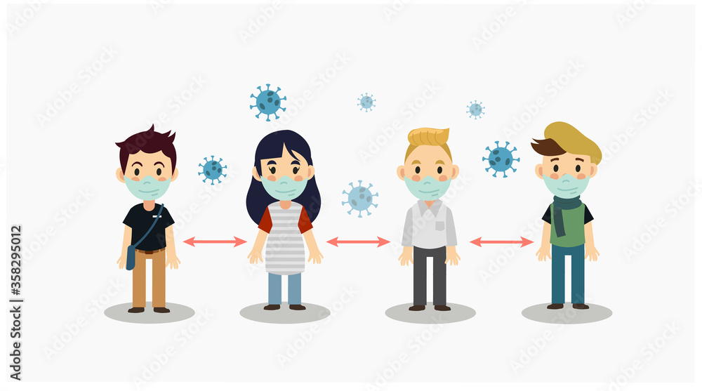 Cute cartoon vector of Social distancing ,protect from COVID-19 coronavirus outbreak spreading concept Cute cartoon vector of Social distancing ,protect from COVID-19 coronavirus outbreak spreading concept