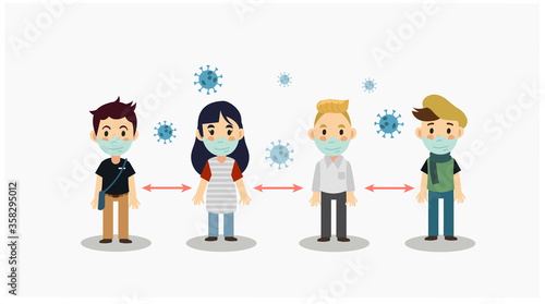 Cute cartoon vector of Social distancing ,protect from COVID-19 coronavirus outbreak spreading concept