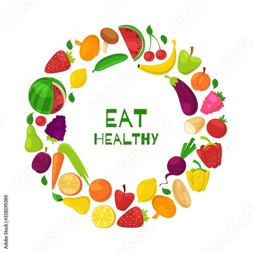 Organic healthy fruits and vegetables in circle eat healthy cartoon vector illustration. Eco veggies and fruits isolated on white for vegans shop poster.