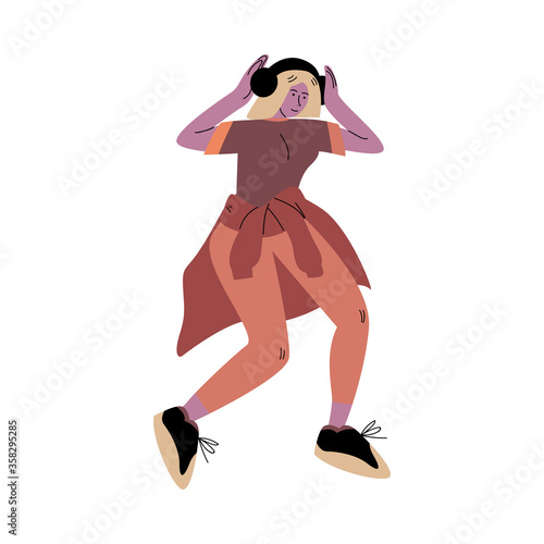 Happy smiling girl in red pants dancing and listening to music with headphones. Vector illustration in flat cartoon style