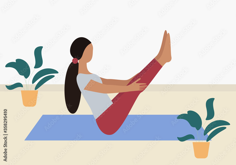 Female doing yoga at home during pandemic of coronavirus. Home yoga exercise practice and meditation. Healthy lifestyle and relaxing time at home.