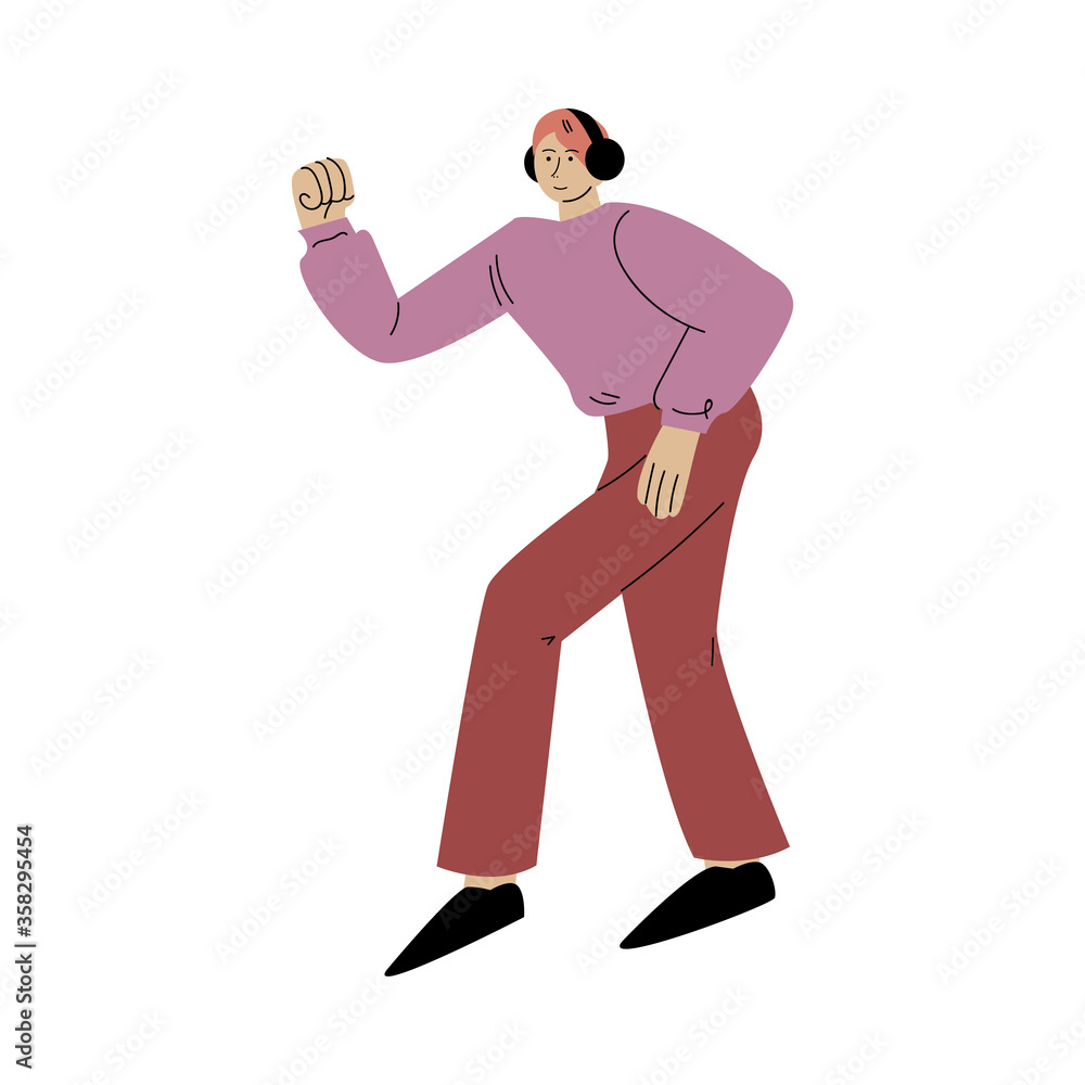 Happy smiling man in red pants dancing and listening to music with headphones. Vector illustration in flat cartoon style Happy smiling man in red pants dancing and listening to music with headphones. Vector illustration in flat cartoon style