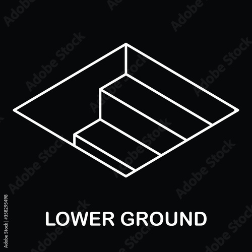 Logo Design Architectural Stairs Lower Ground. Logo template of the stairs’ steps in a way down in Line Art style. Fit for architecture or interior company, contractor, underground places, etc.
