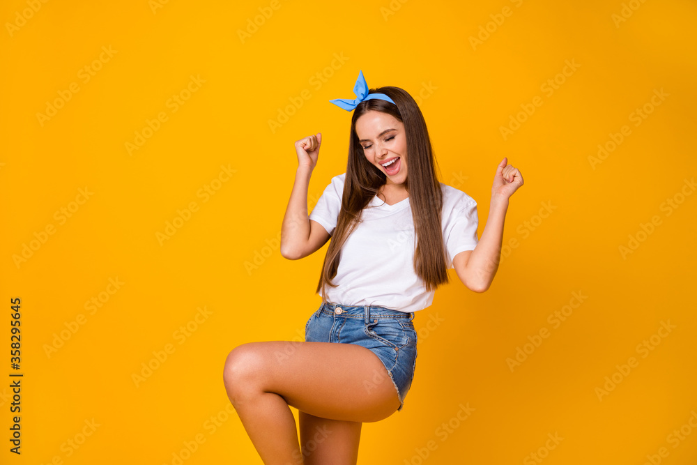 Portrait of delighted cheerful champion lucky girl celebrate lottery win raise fists scream yeah wear good look white outfit isolated over bright color background Portrait of delighted cheerful champion lucky girl celebrate lottery win raise fists scream yeah wear good look white outfit isolated over bright color background