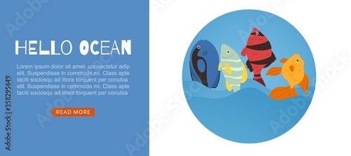 Tropical fish coral reef for travel agency web template cartoon fishes vector illustration. Exotic sea and ocean vacation with colorful fish website.