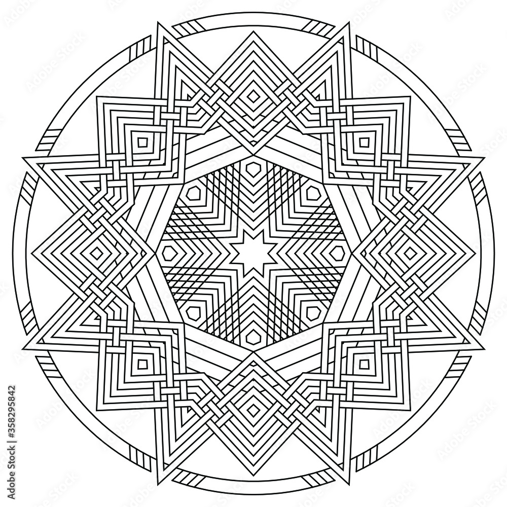 Octagonal star snowflake mandala pattern - black on white. Vector graphic of octagonal star mandala with black line art pattern on white background. Perfect for coloring book.
