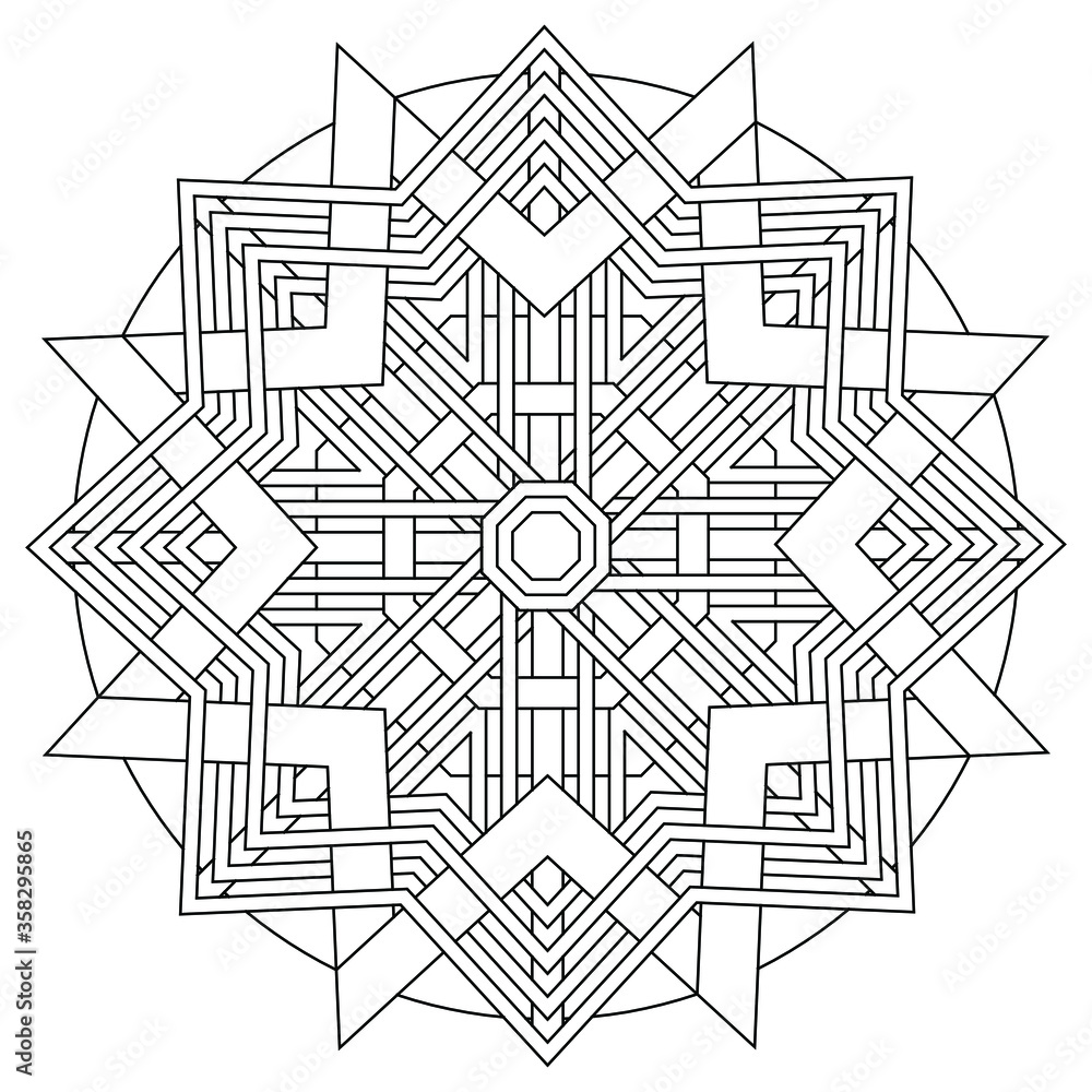 Octagonal star snowflake mandala pattern - black on white. Vector graphic of octagonal star mandala with black line art pattern on white background. Perfect for coloring book.
