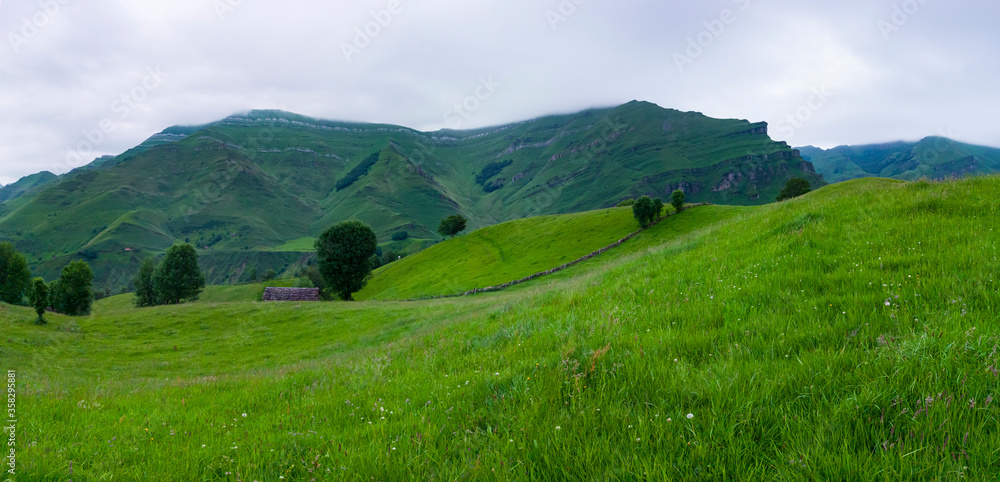 Spring landscape of pasiegas cabins and meadows in the Miera Valley in the Autonomous Community of Cantabria. Spain, Europe