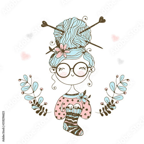 A cute little needlewoman knitted a sock. Vector