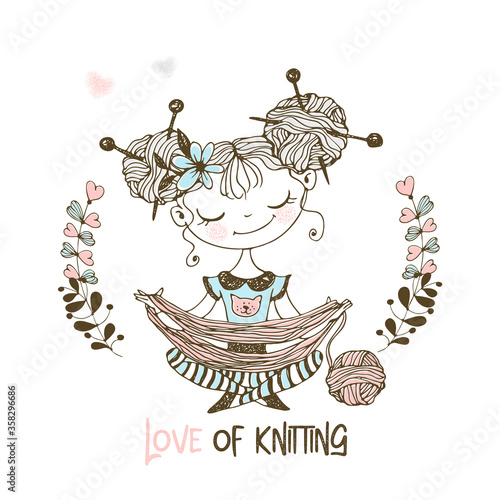 Sweet girl knitter unravels the arn into a ball. Needlewoman.Vector.