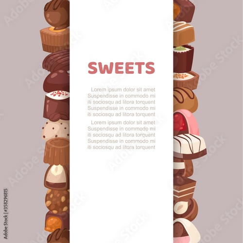 Sweets candy banner, vector illustration. Dessert chocolate food with cocoa vertical template design, tasty confectionery. Yummy brown chocolate candies with cream, syrup and caramel background.