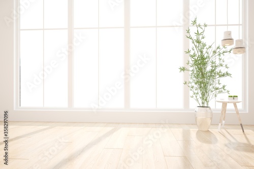 modern room with plants,table,lampsinterior design. 3D illustration