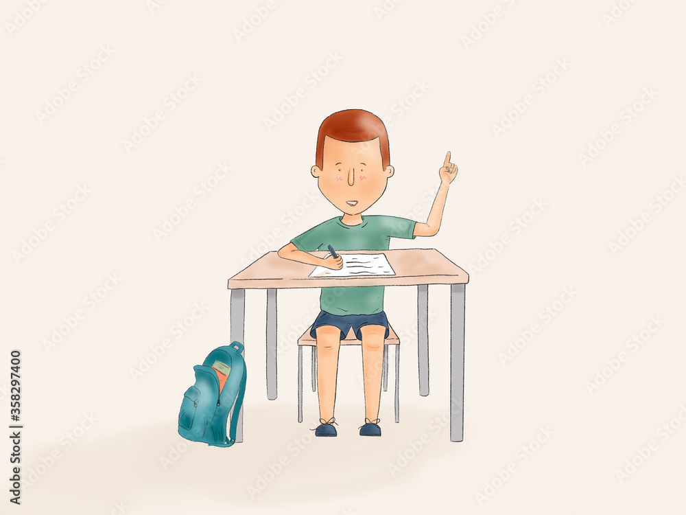 Hand drawn illustration of a kid pointing up on a school desk Hand drawn illustration of a kid pointing up on a school desk