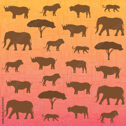 Safari big five animals seamless pattern. Set of famous african fauna. Vector illustration 