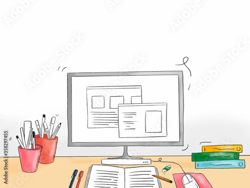 Hand drawn illustration of a computer desk with statinery and school objects