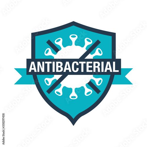 Antibacterial formula shield stamp with crossed virus inside - vector isolated sign for antiseptic cosmetics and medical pharmaceutical products