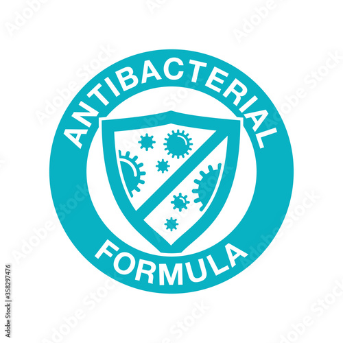 Antibacterial formula stamp - shield with crossed bacteries inside - vector isolated sign for antiseptic cosmetics and medical pharmaceutical products