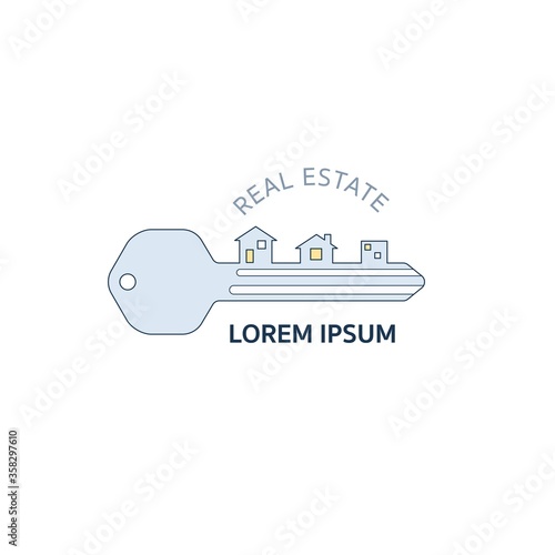 Real estate logo in key shape as a gimmick. Vector illustration outline flat design style.