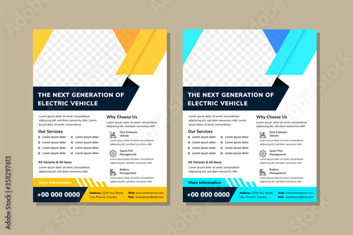 The next generation of vehicle headline on flyer template design with diagonal shape for space of photo. dark blue and yellow color from element design in white background. Abstract geometric vertical