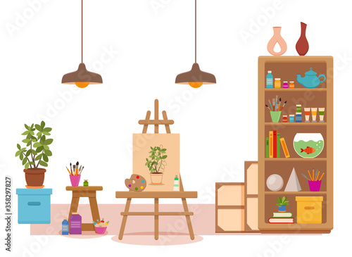 Art studio interior colorful vector illustration. Painter artist workshop room