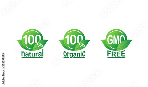 100 natural, 100 organic, GMO free - mark for healthy food, vegetarian nutrition - vector sticker set