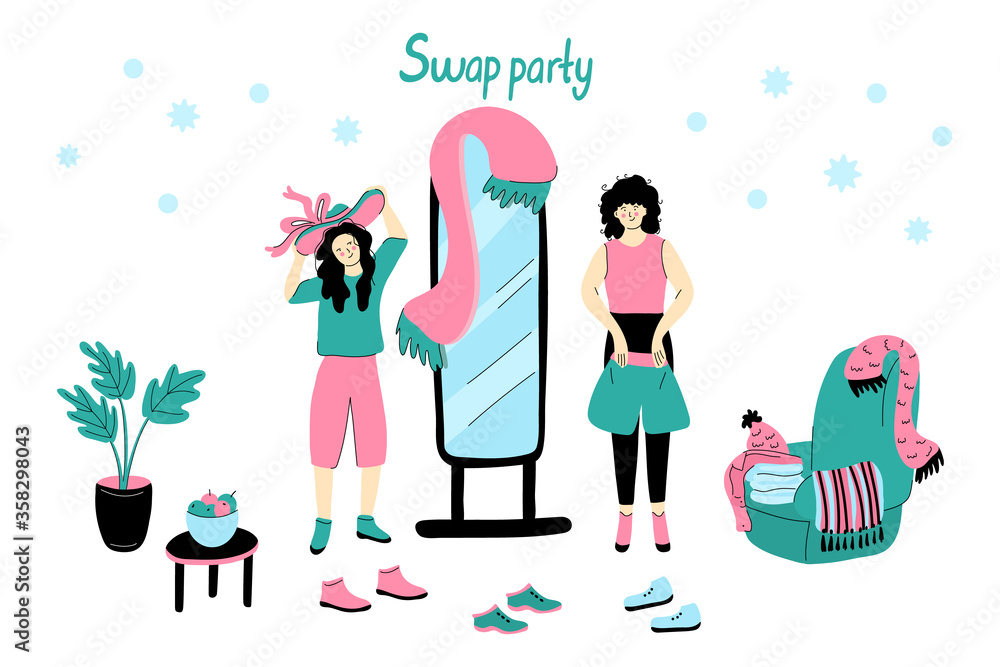 custom made wallpaper toronto digitalClothing swap party vector illustration isolated on white background. Friends exchange their clothes and shoes. Two nice women on an eco-friendly event. Flat with floor mirror, houseplant and armchair