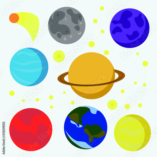 cosmic set of planets, stars, constellations and comets on a white background. A set of colored cartoon images of Mars, Saturn, earth, and other planets. For children's books, postcards, stickers