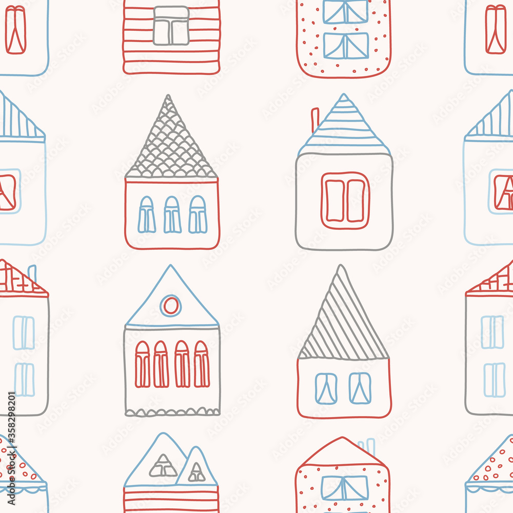 Hand drawn seamless pattern with houses. Vector doodle illustration. Simple print for wallpaper, wrapping paper, textile, surface design Hand drawn seamless pattern with houses. Vector doodle illustration. Simple print for wallpaper, wrapping paper, textile, surface design