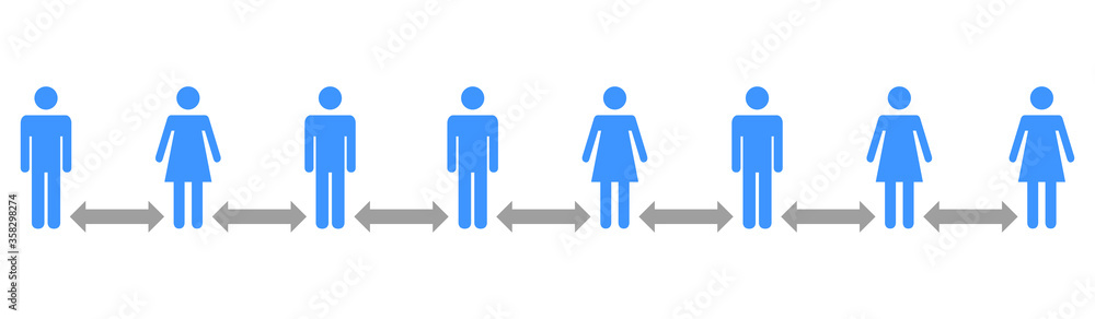 Abstand halten - Menschenmenge oder Schlange beim Anstehen in blau und grau Abstand halten - Menschenmenge oder Schlange beim Anstehen in blau und grau