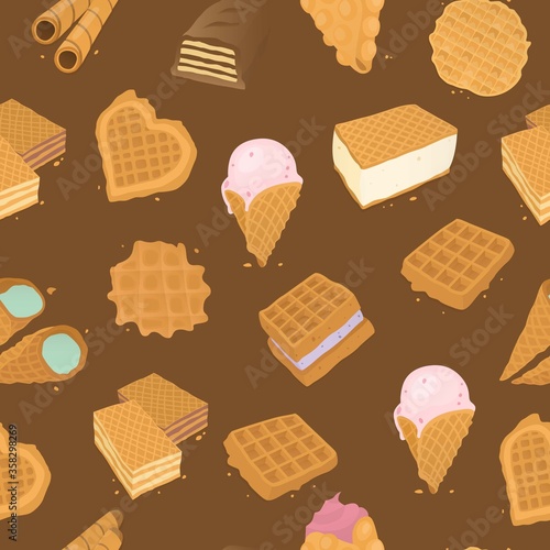 Food delicious dessert, waffle seamless pattern vector illustration. Sweet tasty pastry, cone with cream background design. Cartoon bakery chocolate cake, yummy breakfast wallpaper.