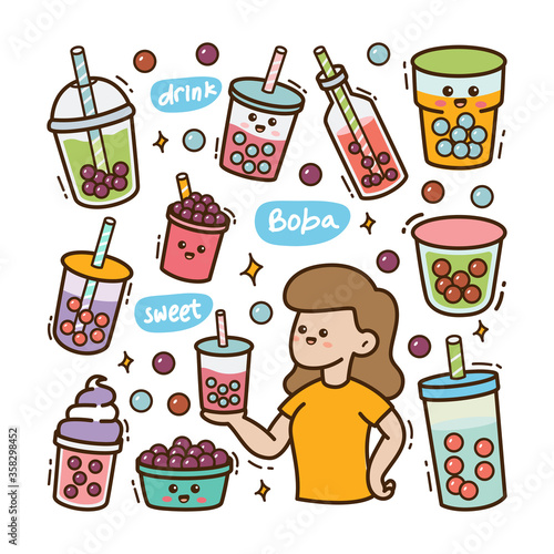 Cartoon girl with boba kawaii doodle illustration