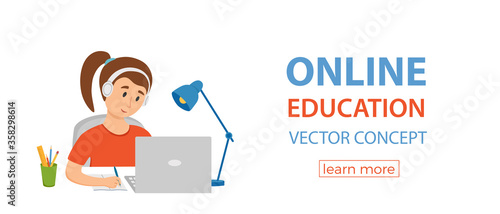 Girl studying online education at home cartoon vector illustration
