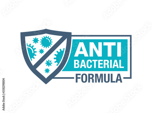 Antibacterial formula horizontal stamp - shield with crossed bacterias inside - vector isolated sign for antiseptic cosmetics and medical pharmaceutical products 