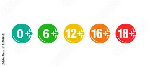 age limit signs set for censoring of different categories for children and adults - 0, 6, 12, 16 and 18 plus  ages - vector emblems collection