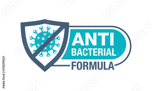 Antibacterial formula stamp - shield with crossed virus inside - vector isolated sign for antiseptic cosmetics and medical pharmaceutical products