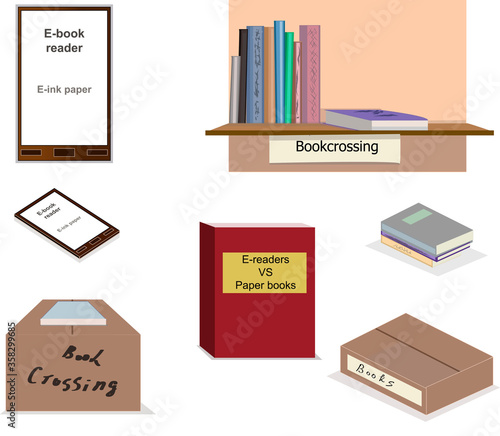 E-readers and paper books isolated, llat style