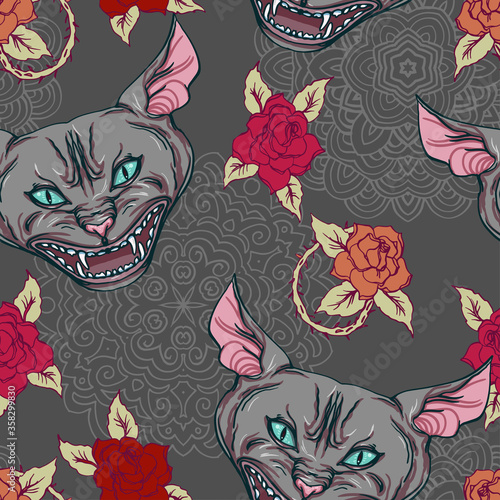 Realistic detailed hand drawn pattern of angry roaring sphinx cat head on a background of red roses, abstract ornament. Graphic tattoo style image. Textile, clothes fabric, paper print.