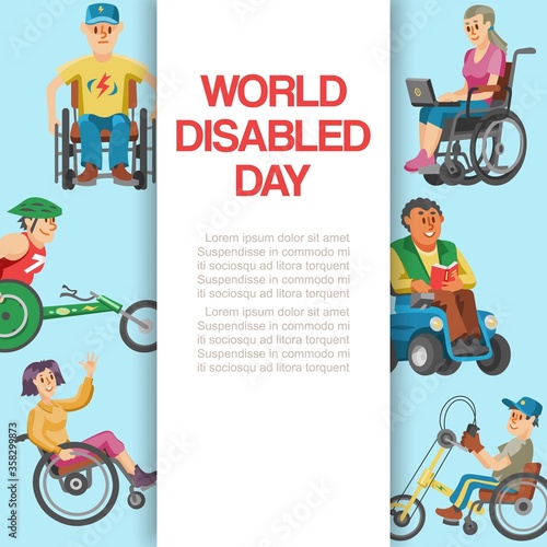 Disability flat world day, vector illustration. Disabled people character in wheelchair banner, handicapped health invalid background. Help man woman concept, care support human design.