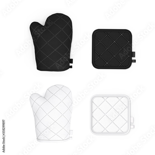 Oven mitt and hot pad. Top view. Blank 3d template, mockup for branding, logo, design isolated on white background. photo