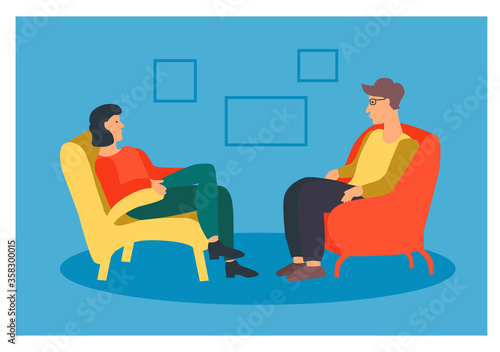 A man and a woman sit in chairs opposite each other. Vector illustration - characters in flat style. The concept of counseling.