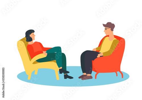 A man and a woman sit in chairs opposite each other. Vector illustration - characters in flat style. The concept of counseling.